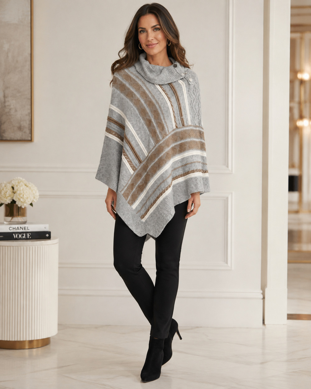 White House Black Market Womens Poncho Shawl Large Wool Fair Isle Knit Old Money